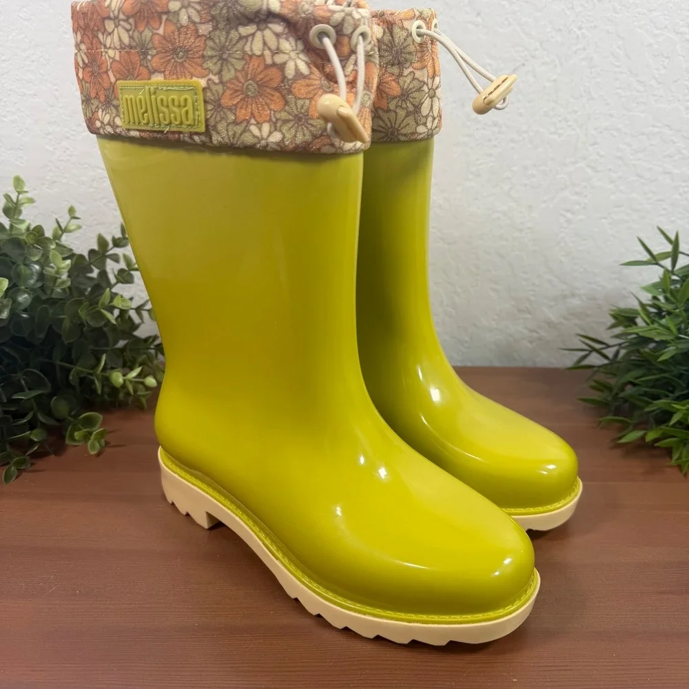 Mini Melissa Girls Rain Boot Green Yellow Floral Print Cuff Rain Boots Size 4